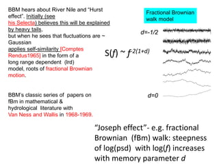 “Joseph effect”- e.g. fractional
Brownian (fBm) walk: steepness
of log(psd) with log(f) increases
with memory parameter d
d=-1/2
d=0
S(f) ~ f-2(1+d)
Fractional Brownian
walk model
BBM hears about River Nile and “Hurst
effect”. Initially (see
his Selecta) believes this will be explained
by heavy tails,
but when he sees that fluctuations are ~
Gaussian
applies self-similarity [Comptes
Rendus1965] in the form of a
long range dependent (lrd)
model, roots of fractional Brownian
motion.
BBM’s classic series of papers on
fBm in mathematical &
hydrological literature with
Van Ness and Wallis in 1968-1969.
 
