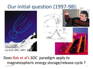 Our initial question (1997-98): …
18 July 2012 6
Does Bak et al’s SOC paradigm apply to
magnetospheric energy storage/release cycle ?
Lui et al, GRL, 2001
 