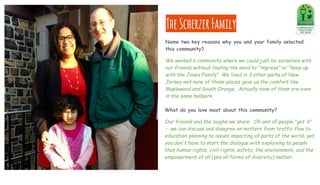 TheScherzerFamily
Name two key reasons why you and your family selected
this community?
We wanted a community where we could just be ourselves with
our friends without feeling the need to "impress" or "keep up
with the Jones Family". We lived in 3 other parts of New
Jersey and none of those places gave us the comfort like
Maplewood and South Orange. Actually none of them are even
in the same ballpark.
What do you love most about this community?
Our friends and the laughs we share. Oh and all people "get it"
-- we can discuss and disagree on matters from traffic flow to
education planning to issues impacting all parts of the world, yet
you don't have to start the dialogue with explaining to people
that human rights, civil rights, safety, the environment, and the
empowerment of all (yes all forms of diversity) matter.
 