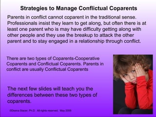 Strategies to Manage Conflictual Coparents
Parents in conflict cannot coparent in the traditional sense.
Professionals insist they learn to get along, but often there is at
least one parent who is may have difficulty getting along with
other people and they use the breakup to attack the other
parent and to stay engaged in a relationship through conflict.
There are two types of Coparents-Cooperative
Coparents and Conflictual Coparents. Parents in
conflict are usually Conflictual Coparents

The next few slides will teach you the
differences between these two types of
coparents.
©Deena Stacer, Ph.D. All rights reserved. May 2009

 