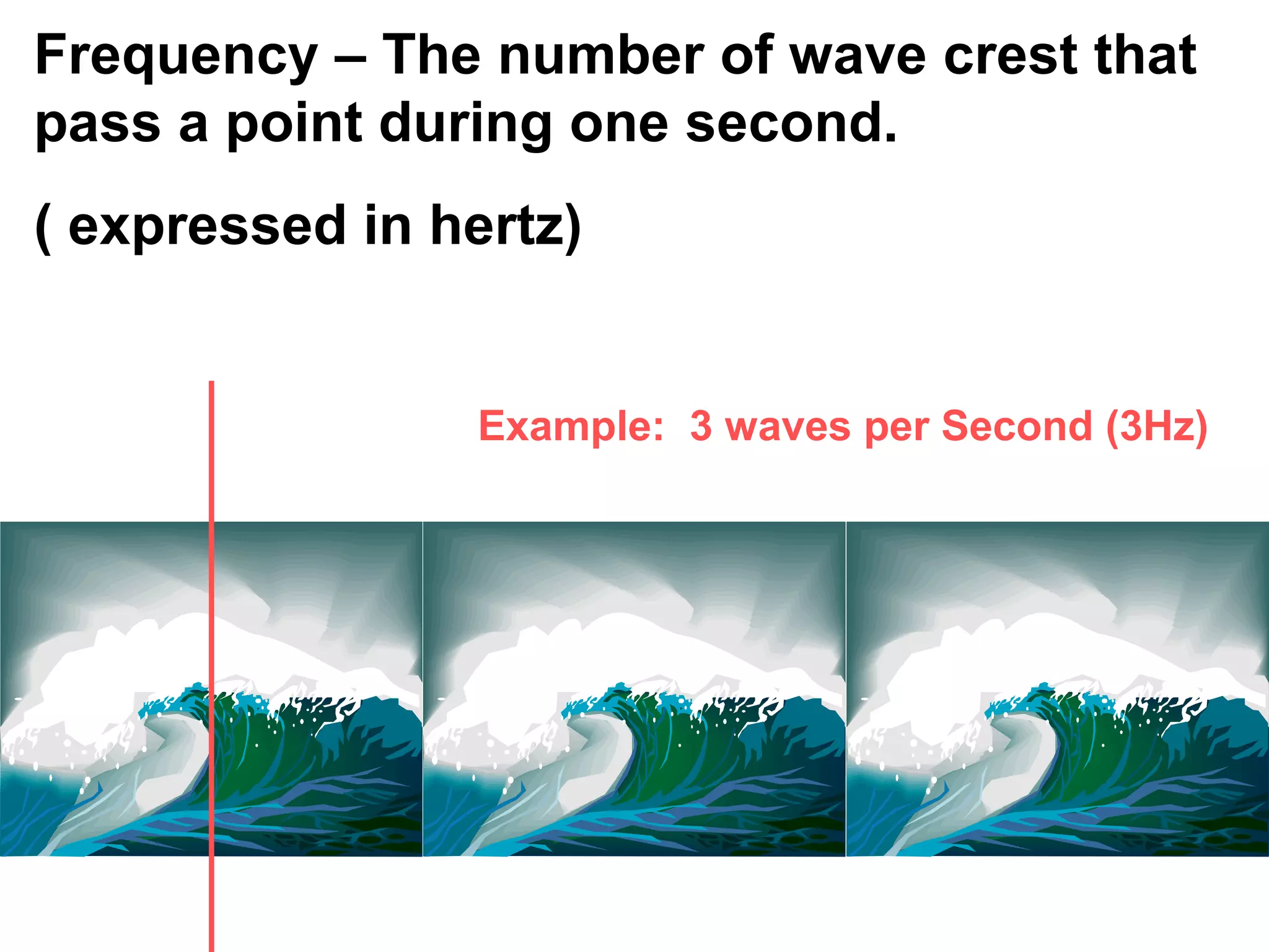 Period – In a periodic motion, the amount of
time required for an object to repeat one
complete cycle
Periodic motion- wave move up and down
at the same rate


       PERIOD




     Example: 1 wave every 20 seconds
 