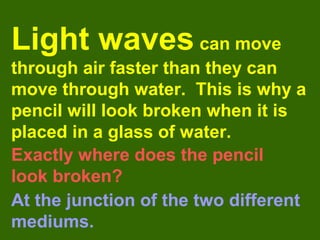 What affects the waves speed?
The speed of a wave depends on the
 medium in which the wave is traveling.
 