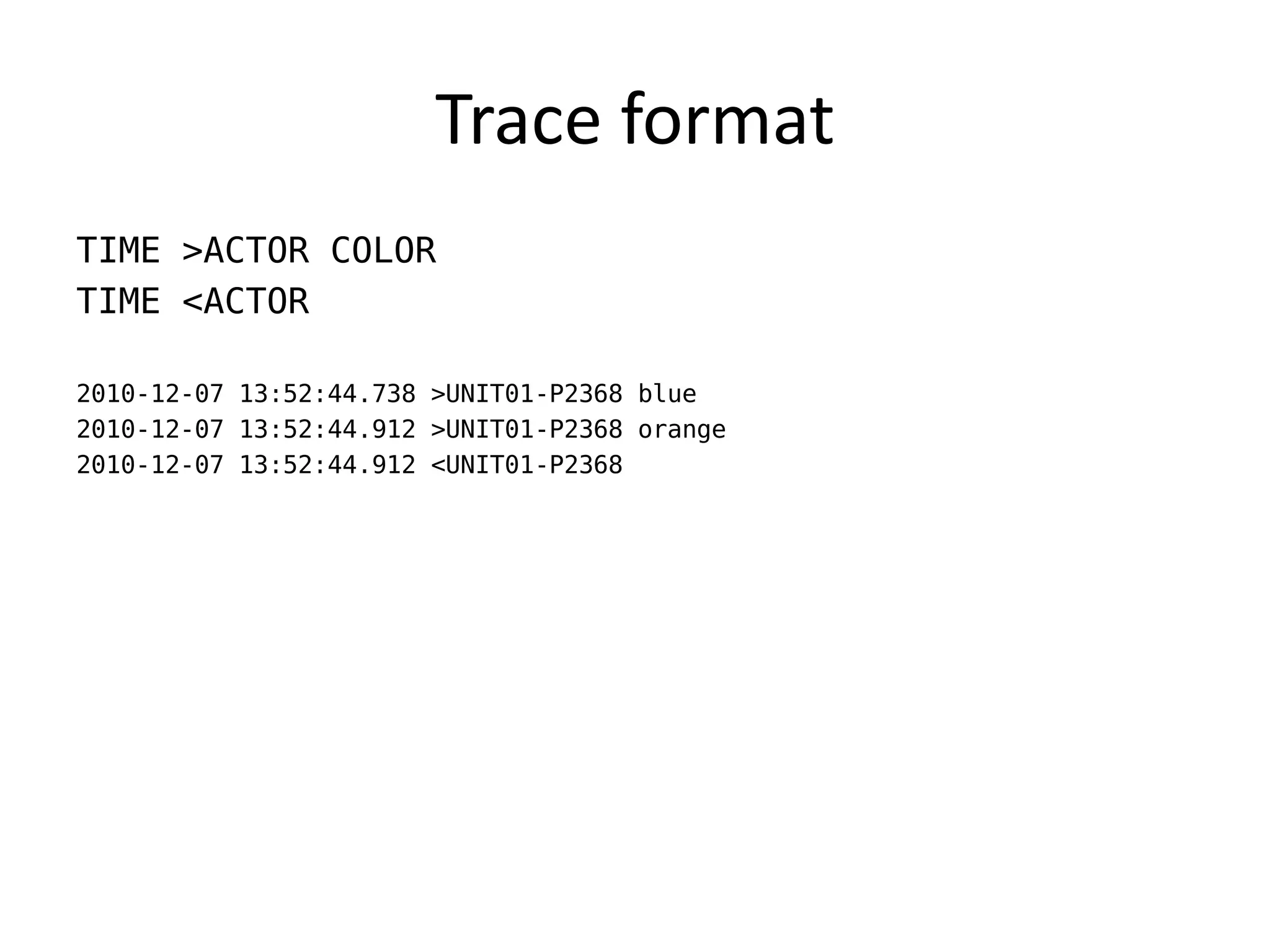 Trace format
TIME >ACTOR COLOR
TIME <ACTOR

2010-12-07 13:52:44.738 >UNIT01-P2368 blue
2010-12-07 13:52:44.912 >UNIT01-P2368 orange
2010-12-07 13:52:44.912 <UNIT01-P2368
 