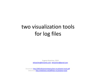 two visualization tools
     for log files



                       Eugene Kirpichov, 2010
            ekirpichev@mirantis.com, ekirpichov@gmail.com


 Download: http://jkff.info/presentations/two-visualization-tools.pdf
    Slideshare: http://slideshare.net/jkff/two-visualization-tools
 