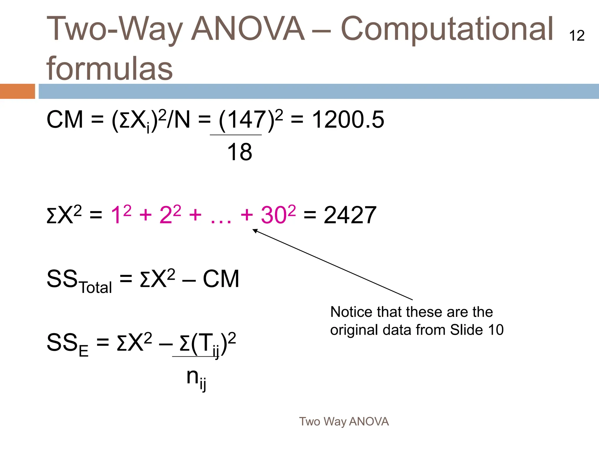 12
Two-Way ANOVA – Computational
formulas
Two Way ANOVA
CM = (ΣXi)2/N = (147)2 = 1200.5
18
ΣX2 = 12 + 22 + … + 302 = 2427
SSTotal = ΣX2 – CM
SSE = ΣX2 – Σ(Tij)2
nij
Notice that these are the
original data from Slide 10
 