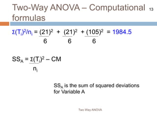 13
Two-Way ANOVA – Computational
formulas
Two Way ANOVA
Σ(Ti)2/ni = (21)2 + (21)2 + (105)2 = 1984.5
6 6 6
SSA = Σ(Ti)2 – CM
ni
SSA is the sum of squared deviations
for Variable A
 