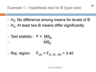 24
Example 1 – hypothesis test for B (type size)
Two Way ANOVA
 H0: No difference among means for levels of B
 HA: At least two B means differ significantly
 Test statistic: F = MSB
 MSE
 Rej. region: Fobt < F(2, 24, .05) = 3.40
 