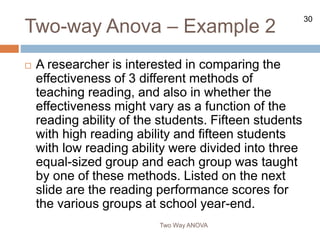 30
Two-way Anova – Example 2
Two Way ANOVA
 A researcher is interested in comparing the
effectiveness of 3 different methods of
teaching reading, and also in whether the
effectiveness might vary as a function of the
reading ability of the students. Fifteen students
with high reading ability and fifteen students
with low reading ability were divided into three
equal-sized group and each group was taught
by one of these methods. Listed on the next
slide are the reading performance scores for
the various groups at school year-end.
 