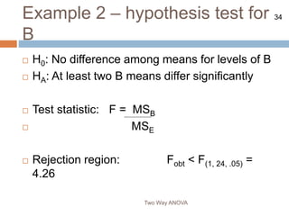 34
Example 2 – hypothesis test for
B
Two Way ANOVA
 H0: No difference among means for levels of B
 HA: At least two B means differ significantly
 Test statistic: F = MSB
 MSE
 Rejection region: Fobt < F(1, 24, .05) =
4.26
 