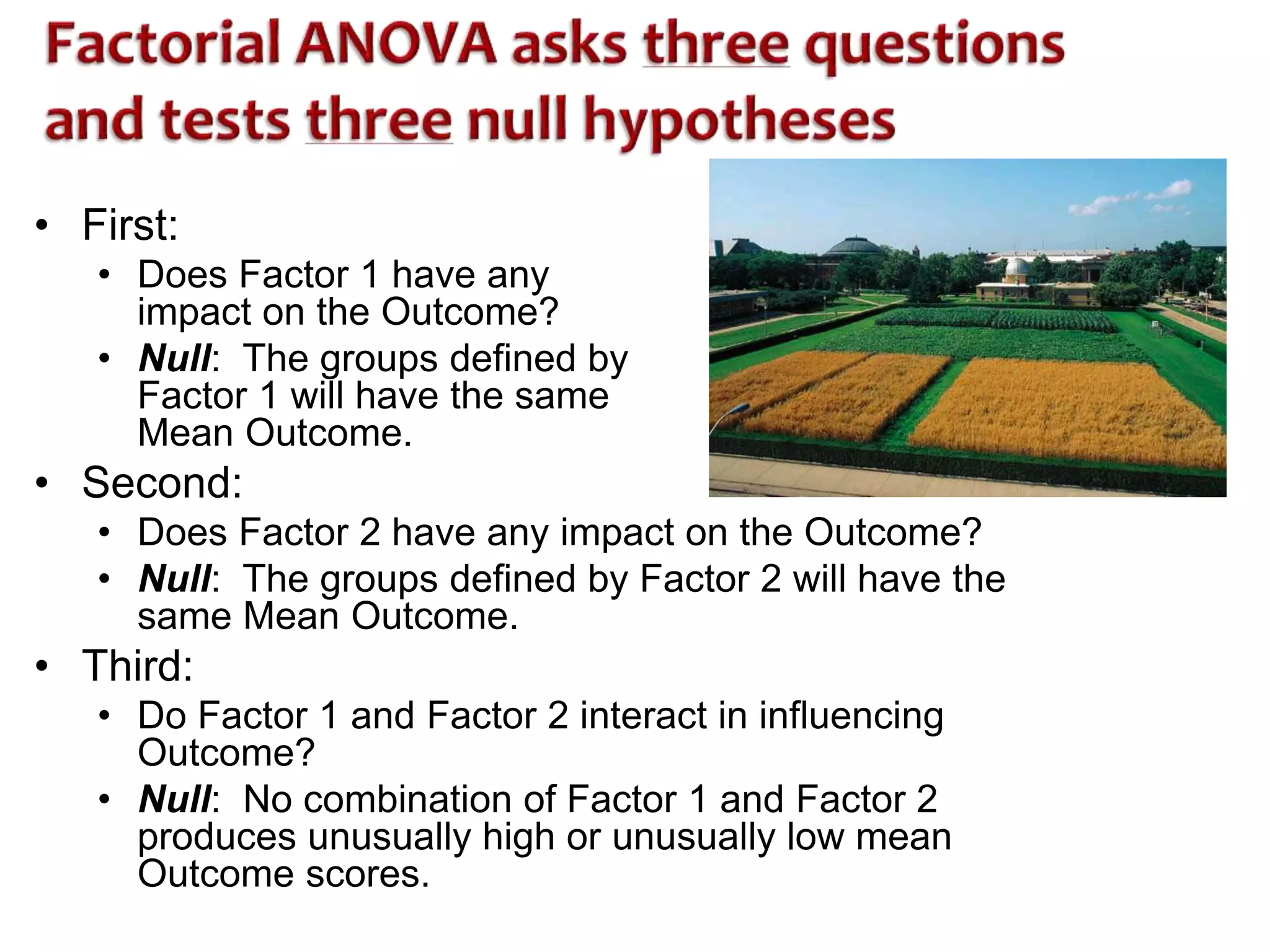 • First: 
• Does Factor 1 have any 
impact on the Outcome? 
• Null: The groups defined by 
Factor 1 will have the same 
Mean Outcome. 
• Second: 
• Does Factor 2 have any impact on the Outcome? 
• Null: The groups defined by Factor 2 will have the 
same Mean Outcome. 
• Third: 
• Do Factor 1 and Factor 2 interact in influencing 
Outcome? 
• Null: No combination of Factor 1 and Factor 2 
produces unusually high or unusually low mean 
Outcome scores. 
 