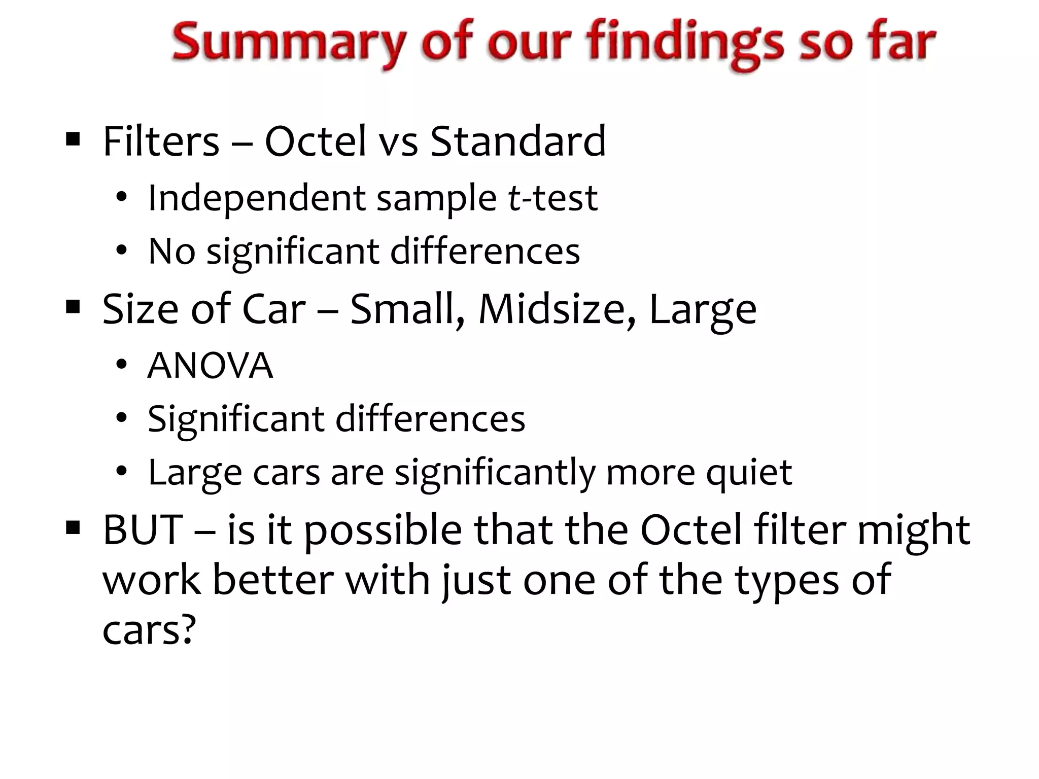  Filters – Octel vs Standard 
• Independent sample t-test 
• No significant differences 
 Size of Car – Small, Midsize, Large 
• ANOVA 
• Significant differences 
• Large cars are significantly more quiet 
 BUT – is it possible that the Octel filter might 
work better with just one of the types of 
cars? 
 