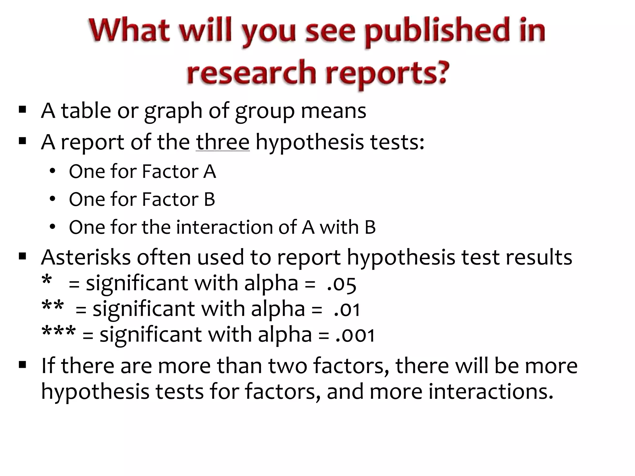  A table or graph of group means 
 A report of the three hypothesis tests: 
• One for Factor A 
• One for Factor B 
• One for the interaction of A with B 
 Asterisks often used to report hypothesis test results 
* = significant with alpha = .05 
** = significant with alpha = .01 
*** = significant with alpha = .001 
 If there are more than two factors, there will be more 
hypothesis tests for factors, and more interactions. 
 