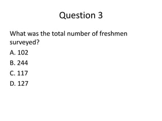 Question 3
What was the total number of freshmen
surveyed?
A. 102
B. 244
C. 117
D. 127
 