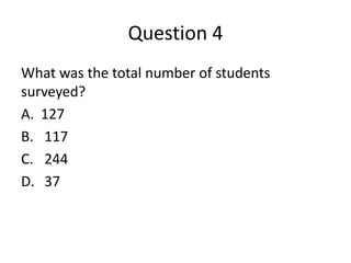 Question 4
What was the total number of students
surveyed?
A. 127
B. 117
C. 244
D. 37
 