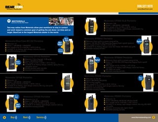 800.527.1670
                                                                                                                                                                                                         www.BearCom.com




                                                                                                                                                   Motorola CP200-XLS Portable
                                                                                                                                                   ●	   Channels: 128
                                                                                                                                                   ●	   Power: 1-5W (VHF), 1-4W (UHF)
                                                                                                                                                   ●	   Size, weight: 5”H x 2.4”W x 1.75”D, 14.9 oz.
         Two-way radios from Motorola allow your workforce to stay in contact
                                                                                                                                                   ●	   Included: Li-Ion battery, rapid charger, antenna,belt clip
         and work toward a common goal of getting the job done—on time and on                                                                      ●	   Extended warranty available
         target. BearCom is the largest Motorola dealer in the world.


                                                                                                         Buy or   Motorola DTR550 Portable
                                                                                                         Rent!
    Motorola/BearCom BC130 Portable                                                                               ●	   Channels: digital public or private group calling                                Digital!
     	   Channels: 16
                                                                                            Best                  ●	   Power: 1W, 900 MHz ISM frequency-hopping digital spread spectrum
    ●
    ●	   Power: 1-5W (VHF), 1-4W (UHF)
                                                                                           Seller!                ●	   Size, weight: 5.2”H x 2.3”W x 1.4”D, 7.6 oz.
                                                                                                                  ●	   Included: Li-Ion battery, charger, swivel belt holster, CD-ROM user guide
    ●	   Size, weight: 4.21”H x 2.28”W x 1.46”D, 9.52 oz.
                                                                                                                  ●	   Extended warranty available
    ●	   Included: Li-Ion battery, rapid charger, antenna, belt clip                        BearCom
    ●	   Extended warranty available                                                        Exclusive!


                                    Motorola CP110 Portable                                                                                        Motorola DTR650 Portable
                                     	 Channels: 2 (non-display), 16 (display)
                                                                                                                                    Digital!
                                    ●
                                    ●	 Power: 2W (VHF & UHF)
                                                                                                                                                   ●	 Channels: digital public or private group calling
                       MURS*                                                                                                                       ●	 Power: 1W, 900 MHz ISM frequency-hopping digital spread
                                    ●	 Size, weight: 4.5”H x 2.2”W x 1.8”D, 10.3 oz.
                      Certified!                                                                                                                      spectrum
                                    ●	 Included: Li-Ion battery, charger, antenna, spring belt clip,
                                                                                                                                                   ●	 Size, weight: 5.2”H x 2.3”W x 1.4”D, 7.6 oz.
                                       instruction manual
                                                                                                                                                   ●	 Included: Li-Ion battery, rapid charger, swivel belt holster,
                                    ●	 MURS-certified model available
                                    ●	 Extended warranty available
                                                                                                                                                      CD-ROM user guide
                                                                                                                                                   ●	 Extended warranty available
    *MURS = multiple use radio service

                                                                                                                  Motorola PR400 Portable
    Motorola CP185 Portable                                                                                        	   Channels: 16, 32, 64
                                                                                                                                                                                                           Buy or
                                                                                                                  ●                                                                                        Rent!
    ●	   Channels: 16                                                                                             ●	   Power: 5W (VHF), 4W (UHF)
    ●	   Power: 1-5W (VHF), 1-4W (UHF)                                                                            ●	   LTR trunking capable
    ●	   Size, weight: 4.72”H x 2.28”W x 1.46”D, 12.3 oz.                                                         ●	   Size, weight: 5”H x 2.4”W x 1.75”D, 13.3 oz.
    ●	   Included: Li-Ion battery, rapid charger, antenna, belt clip, user guide                                  ●	   Included: Li-Ion battery, rapid charger, antenna, belt clip
    ●	   Extended warranty available                                                                              ●	   Optional: intrinsically safe
                                                                                                                  ●	   Extended warranty available



                    Buy or
                                    Motorola CP200 Portable                                                                                        Motorola PR860 Portable
                    Rent!
                                    ●	   Channels: 4 or 16                                                                                         ●	 Channels: 16
                                    ●	   Power: 1-5W (VHF), 1-4W (UHF)                                                                             ●	 Power: 5W (VHF), 4W (UHF), 6W (low band)
                                    ●	                                                                                                             ●	 Size, weight: 5.4”H x 2.26”W x 1.6”D, 12.8 oz.
                                         Size, weight: 5”H x 2.4”W x 1.75”D, 14.9 oz.
                       Best         ●	   Included: Li-Ion battery, rapid charger, antenna, belt clip                                               ●	 Included: Li-ion battery, rapid charger, antenna, belt clip, CD-ROM
                      Seller!       ●	   Extended warranty available                                                                                  user guide
                                                                                                                                                   ●	 Optional: intrinsically safe, option board
                                                                                                                                                   ●	 Extended warranty available




6                                                                                                                                                                                              www.Narrowbanding.com        7
 