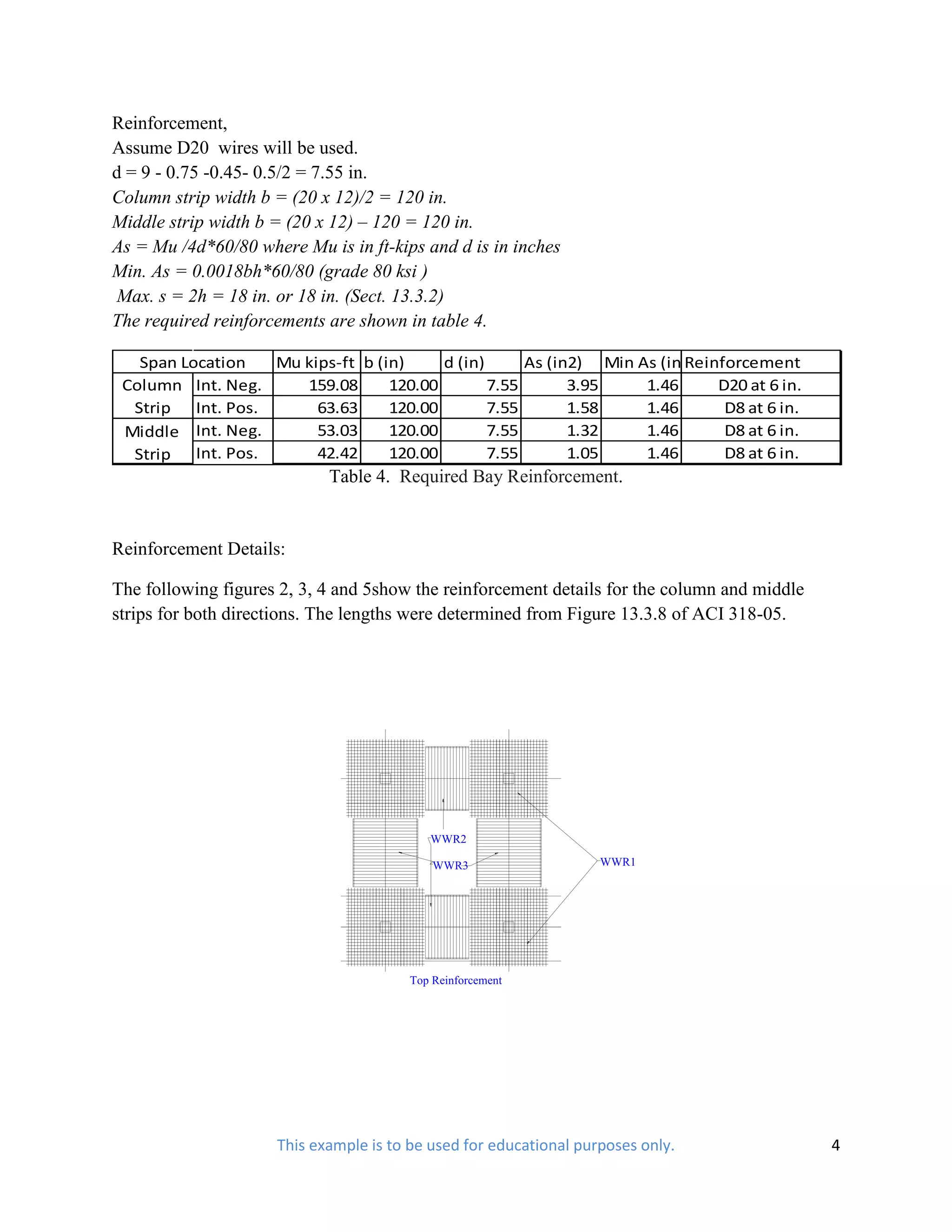 Reinforcement,
Assume D20 wires will be used.
d = 9 - 0.75 -0.45- 0.5/2 = 7.55 in.
Column strip width b = (20 x 12)/2 = 120 in.
Middle strip width b = (20 x 12) – 120 = 120 in.
As = Mu /4d*60/80 where Mu is in ft-kips and d is in inches
Min. As = 0.0018bh*60/80 (grade 80 ksi )
 Max. s = 2h = 18 in. or 18 in. (Sect. 13.3.2)
The required reinforcements are shown in table 4.

   Span Location  Mu kips-ft b (in)     d (in)      As (in2) Min As (in2)
                                                                       Reinforcement
 Column Int. Neg.    159.08      120.00        7.55       3.95    1.46     D20 at 6 in.
  Strip Int. Pos.      63.63     120.00        7.55       1.58    1.46      D8 at 6 in.
 Middle Int. Neg.      53.03     120.00        7.55       1.32    1.46      D8 at 6 in.
  Strip Int. Pos.      42.42     120.00        7.55       1.05    1.46      D8 at 6 in.
                            Table 4. Required Bay Reinforcement.


Reinforcement Details:

The following figures 2, 3, 4 and 5show the reinforcement details for the column and middle
strips for both directions. The lengths were determined from Figure 13.3.8 of ACI 318-05.




                                           WWR2

                                            WWR3                   WWR1




                                        Top Reinforcement




                     This example is to be used for educational purposes only.                4
 