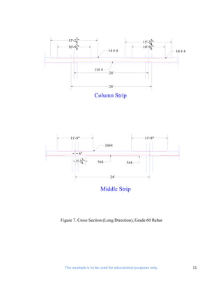 3
    15'-28"                                           3
                                                 15'-28"
         5
    10'-98"                                           5"
                                                 10'-98
                            14 # 4                            14 # 4



                   11# 4
                             24'


                             26'

                    Column Strip




     11'-8"                                       11'-8"
                           10#4

          6"
            5
        3'-38"       5#4               5#4


                             24'


                       Middle Strip




Figure 7. Cross Section (Long Direction), Grade 60 Rebar




  This example is to be used for educational purposes only.            11
 