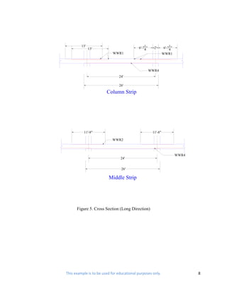 13'                               6'-71"              6'-71"
               13'                             4      2'           4
                            WWR1                              WWR1



                                                    WWR4
                               24'

                               26'

                        Column Strip




          11'-8"                                     11'-8"

                           WWR2



                                                                        WWR4
                                24'


                                 26'

                         Middle Strip




      Figure 5. Cross Section (Long Direction)




This example is to be used for educational purposes only.                      8
 