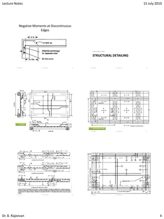 Lecture Notes 15 July 2010
Dr. B. Rajeevan 4
Negative Moments at Discontinuous
Edges
15 July 2010 Dr. B. Rajeevan 19
STRUCTURAL DETAILING
TWO WAY SLABS
15 July 2010 Dr. B. Rajeevan 20
15 July 2010 Dr. B. Rajeevan 21
SS SLAB
15 July 2010 Dr. B. Rajeevan 22
RESTRAINED SLAB
15 July 2010 Dr. B. Rajeevan 23 15 July 2010 Dr. B. Rajeevan 24
 