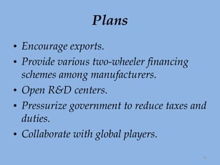 Plans Encourage exports. Provide various two-wheeler financing schemes among manufacturers.  Open R&D centers. Pressurize government to reduce taxes and duties. Collaborate with global players. 