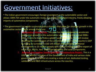 • The Indian government encourages foreign investment in the automobile sector and
allows 100% FDI under the automatic route. It is a fully delicensed industry, freely allowing
imports of automotive components.

• The government has made successive policy changes that allow for stronger growth in the
automotive sector. Major among these are:
             1. Automotive Mission Plan: The plan has been prepared to accelerate
                 and sustain growth in the automotive sector during the period 2006–
                 2016. It aims to make India a global automotive hub. This will involve
                 doubling the contribution of the automotive sector to the country’s GDP
                 by taking its turnover to USD 145 billion and providing additional
                 employment to 25 million people with special emphasis on the export of
                 small cars, MUVs, two‐ and three‐wheelers and auto components.
             2. National Automotive Testing and R&D Infrastructure Project: This is a
                 USD 400 million initiative of the Government of India and various state
                 governments; it is aimed at creating a state‐of‐art, dedicated testing,
                 validation and R&D infrastructure across the country.


                                            Group‐8                                      17
 