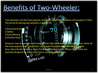 Two-wheelers are the most popular and highly sought out medium of transport in India.
The trend of owning two-wheelers is due to its-

1.Economical price
2.Safety
3.Fuel-efficient
4.Comfort level

However, few Indian bike enthusiasts prefer high performance imported bikes. Some of
the most popular high-speed bikes are Suzuki Hayabusa, Kawasaki Ninja, Suzuki
Zeus, Hero Honda Karizma, Bajaj Pulsar and Honda Unicorn. These super bikes are
specially designed for those who have a zeal for speedy drive.




                                        Group-8                                    4
 
