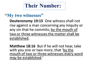 Their Number:
Deuteronomy	19:15	 One	witness	shall	not	
rise	against	a	man	concerning	any	iniquity	or	
any	sin	that	he	commits;	by	the	mouth	of	
two	or	three	witnesses	the	matter	shall	be	
established.	
Matthew	18:16 But	if	he	will	not	hear,	take	
with	you	one	or	two	more,	that	‘by	the	
mouth	of	two	or	three	witnesses	every	word	
may	be	established.’
 
