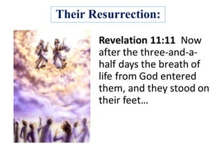 Their Resurrection:
Revelation	11:11		Now	
after	the	three-and-a-
half	days	the	breath	of	
life	from	God	entered	
them,	and	they	stood	on	
their	feet…
 