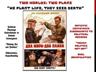 Political
Message
Subordinate to
Artistic
Conveyance
“Mainly Art
not Politics”
Obfuscation,
Superficiality
 