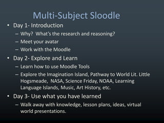 Social Studies	Day 1- IntroductionWhy?  What’s the research and reasoning?Meet your avatarWork with the MoodleDay 2- Explore and LearnLearn how to use Moodle ToolsExplore the Holocaust Museum, Virtual Native Lands, Harlem Renaissance, Middle PassageDay 3- Use what you have learnedWalk away with knowledge, lesson plans, ideas, virtual world presentations.