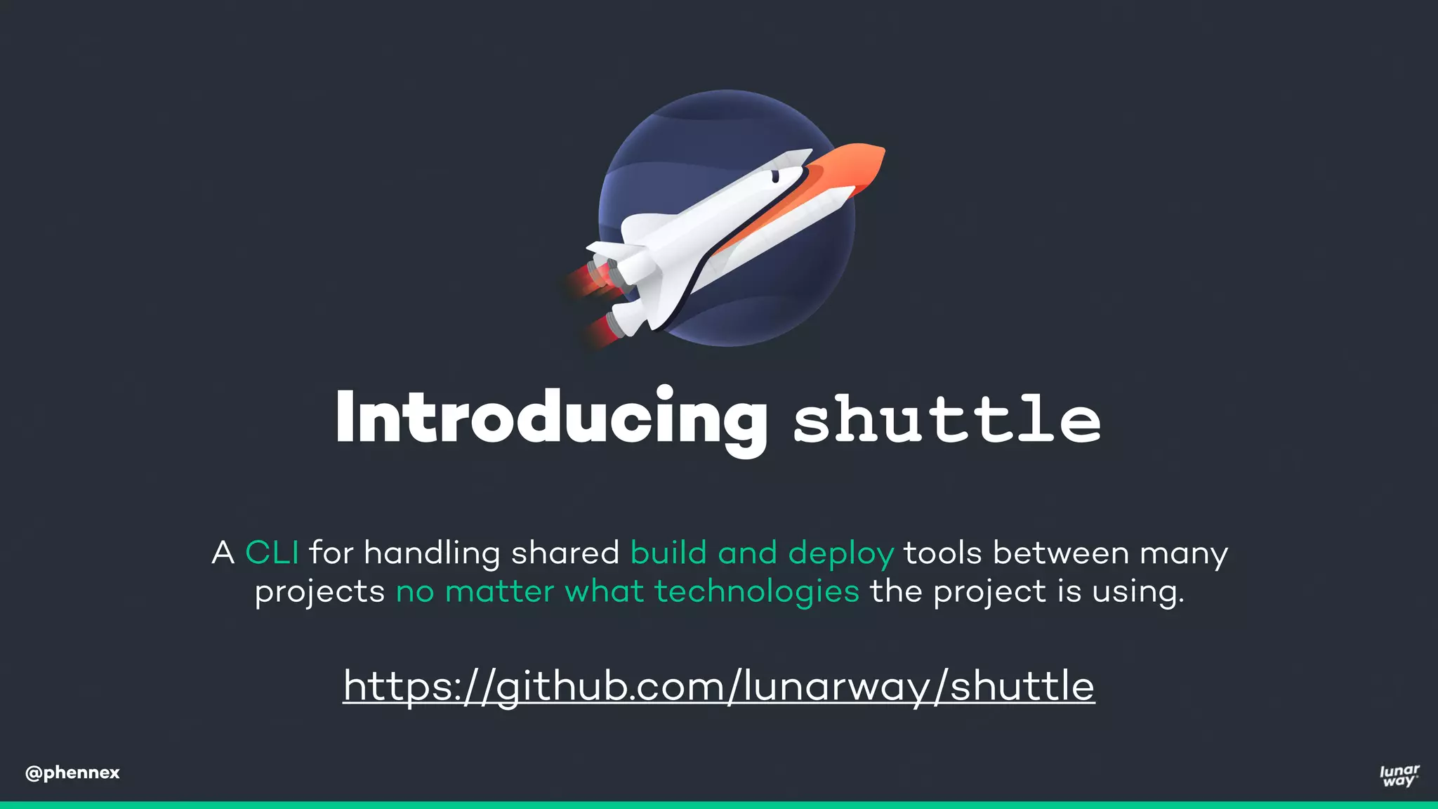 @phennex
Introducing shuttle
A CLI for handling shared build and deploy tools between many
projects no matter what technologies the project is using.
https://github.com/lunarway/shuttle
 