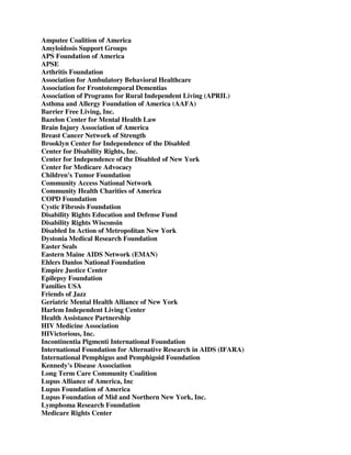 Amputee Coalition of America
Amyloidosis Support Groups
APS Foundation of America
APSE
Arthritis Foundation
Association for Ambulatory Behavioral Healthcare
Association for Frontotemporal Dementias
Association of Programs for Rural Independent Living (APRIL)
Asthma and Allergy Foundation of America (AAFA)
Barrier Free Living, Inc.
Bazelon Center for Mental Health Law
Brain Injury Association of America
Breast Cancer Network of Strength
Brooklyn Center for Independence of the Disabled
Center for Disability Rights, Inc.
Center for Independence of the Disabled of New York
Center for Medicare Advocacy
Children's Tumor Foundation
Community Access National Network
Community Health Charities of America
COPD Foundation
Cystic Fibrosis Foundation
Disability Rights Education and Defense Fund
Disability Rights Wisconsin
Disabled In Action of Metropolitan New York
Dystonia Medical Research Foundation
Easter Seals
Eastern Maine AIDS Network (EMAN)
Ehlers Danlos National Foundation
Empire Justice Center
Epilepsy Foundation
Families USA
Friends of Jazz
Geriatric Mental Health Alliance of New York
Harlem Independent Living Center
Health Assistance Partnership
HIV Medicine Association
HIVictorious, Inc.
Incontinentia Pigmenti International Foundation
International Foundation for Alternative Research in AIDS (IFARA)
International Pemphigus and Pemphigoid Foundation
Kennedy's Disease Association
Long Term Care Community Coalition
Lupus Alliance of America, Inc
Lupus Foundation of America
Lupus Foundation of Mid and Northern New York, Inc.
Lymphoma Research Foundation
Medicare Rights Center
 