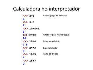 Calculadora no interpretador
Não esqueça de dar enter
Asterisco para multiplicação
Barra para divisão
Exponenciação
Resto da divisão
 