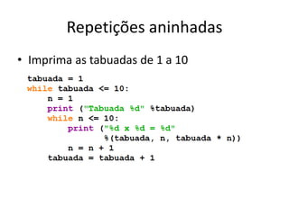 Repetições aninhadas
• Imprima as tabuadas de 1 a 10
 