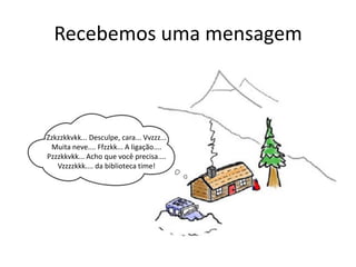 Recebemos uma mensagem
Zzkzzkkvkk... Desculpe, cara... Vvzzz...
Muita neve.... Ffzzkk... A ligação....
Pzzzkkvkk... Acho que você precisa....
Vzzzzkkk.... da biblioteca time!
 