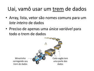 Uai, vamô usar um trem de dados
• Array, lista, vetor são nomes comuns para um
lote inteiro de dados
• Preciso de apenas uma única variável para
todo o trem de dados
Mineirinho
carregando seu
trem de dados
Cada vagão tem
uma parte dos
dados
 