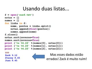 Usando duas listas...
Mas esses dados estão
errados! Zack é muito ruim!
 