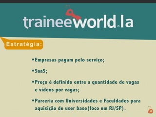 .




E s t rat é g i a :

             • Empresas pagam pelo serviço;
             • SaaS;
             • Preço é definido entre a quantidade de vagas
               e vídeos por vagas;

             • Parceria com Universidades e Faculdades para
               aquisição de user base(foco em RJ/SP).
 