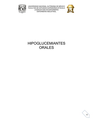 UNIVERSIDAD NACIONAL AUTÓNOMA DE MÉXICO 
FACULTAD DE ESTUDIOS SUPERIORES IZTACALA 
LICENCIATURA EN ENFERMERÍA 
ENFERMERIA INDUSTRIAL 
12 
HIPOGLUCEMIANTES 
ORALES 
 