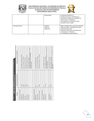 UNIVERSIDAD NACIONAL AUTÓNOMA DE MÉXICO 
FACULTAD DE ESTUDIOS SUPERIORES IZTACALA 
LICENCIATURA EN ENFERMERÍA 
ENFERMERIA INDUSTRIAL 
35 
Cefmenoxime 
incluyendo Citrobacter sp., 
Serratia marcescens y Providencia sp 
Ceftazidima y cefoperazona también son activas contra P. Aeruginosa 
Solo cefizoxima y moxalactam tienen actividad contra B. fragilis 
Cuarta generación 
Cefepime 
Cefpirona 
cefquinona 
Mayor actividad contra cocos gram-positivos 
Cefpiroma Mayor estabilidad contra beta- lactamasas de la clase I 
Cefepima también tiene actividad contra P.aeruginosa, H. influenzae, 
N. meningitidis y N. gonorrhoeae. 
 