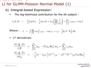 LI for GLMM-Poisson Normal Model (1)
b) Integral-based Expression:
 The log-likelihood contribution for the ith subject :
Where :
 1st derivatives:
Rakhmawati, et. al
 