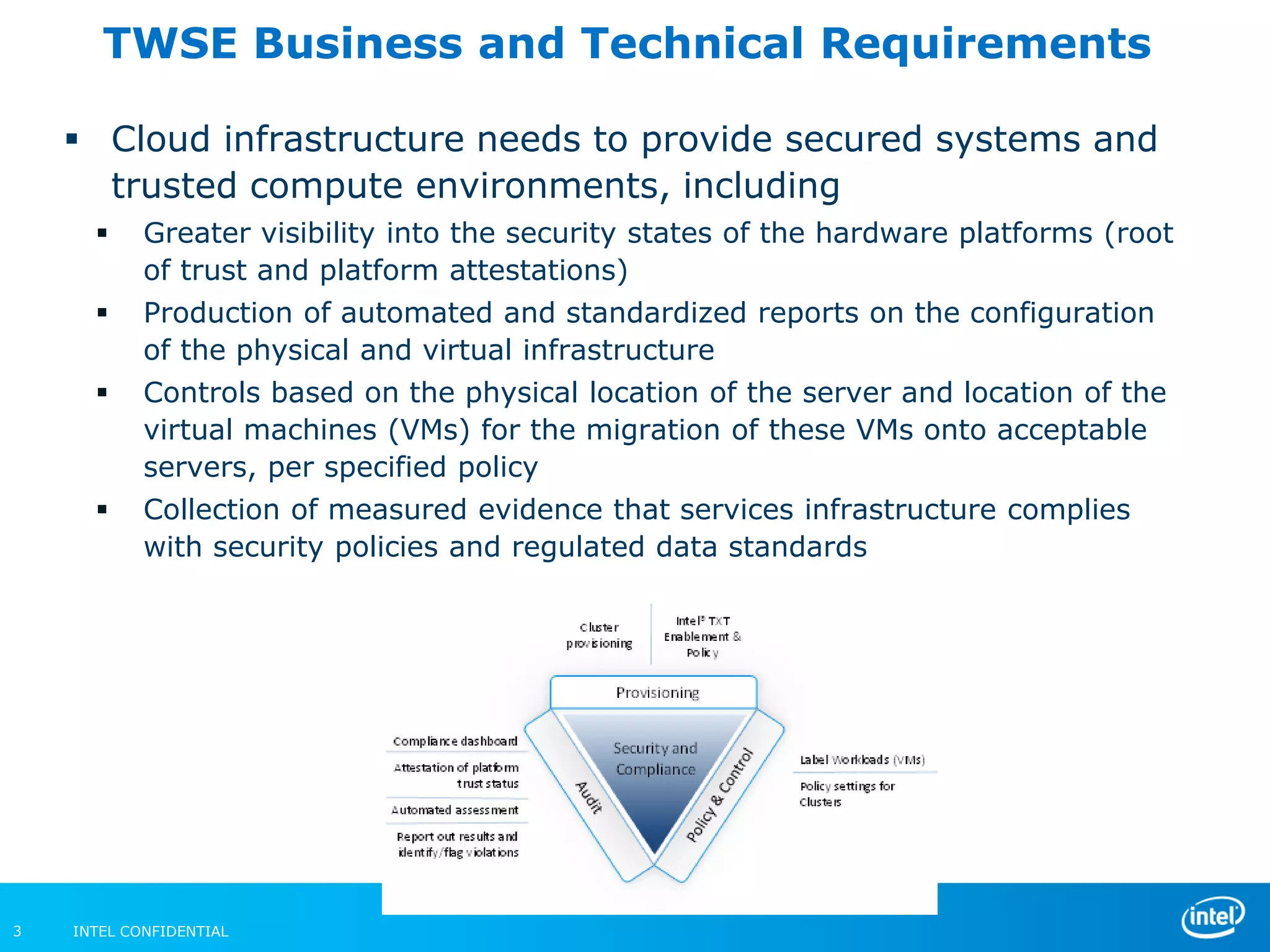INTEL CONFIDENTIAL3
TWSE Business and Technical Requirements
 Cloud infrastructure needs to provide secured systems and
trusted compute environments, including
 Greater visibility into the security states of the hardware platforms (root
of trust and platform attestations)
 Production of automated and standardized reports on the configuration
of the physical and virtual infrastructure
 Controls based on the physical location of the server and location of the
virtual machines (VMs) for the migration of these VMs onto acceptable
servers, per specified policy
 Collection of measured evidence that services infrastructure complies
with security policies and regulated data standards
 