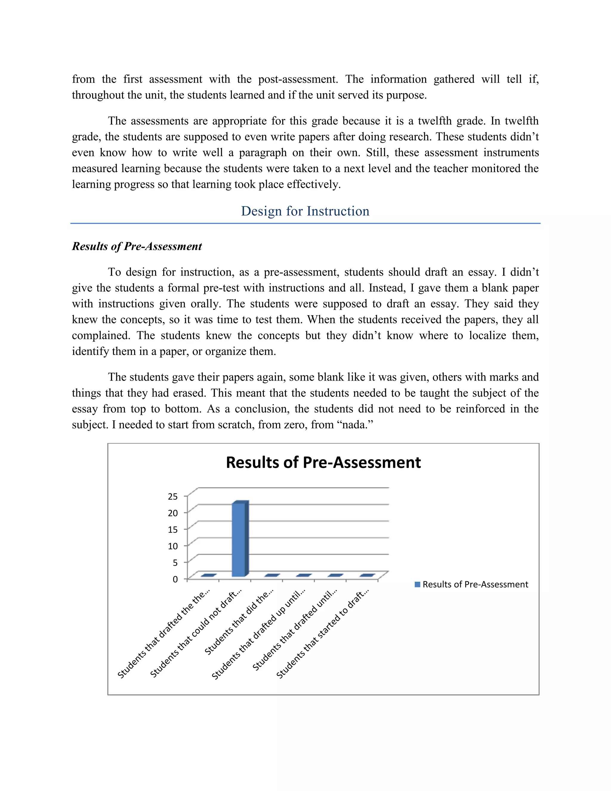 from the first assessment with the post-assessment. The information gathered will tell if,
throughout the unit, the students learned and if the unit served its purpose.

        The assessments are appropriate for this grade because it is a twelfth grade. In twelfth
grade, the students are supposed to even write papers after doing research. These students didn’t
even know how to write well a paragraph on their own. Still, these assessment instruments
measured learning because the students were taken to a next level and the teacher monitored the
learning progress so that learning took place effectively.

                                   Design for Instruction

Results of Pre-Assessment

        To design for instruction, as a pre-assessment, students should draft an essay. I didn’t
give the students a formal pre-test with instructions and all. Instead, I gave them a blank paper
with instructions given orally. The students were supposed to draft an essay. They said they
knew the concepts, so it was time to test them. When the students received the papers, they all
complained. The students knew the concepts but they didn’t know where to localize them,
identify them in a paper, or organize them.

        The students gave their papers again, some blank like it was given, others with marks and
things that they had erased. This meant that the students needed to be taught the subject of the
essay from top to bottom. As a conclusion, the students did not need to be reinforced in the
subject. I needed to start from scratch, from zero, from “nada.”


                               Results of Pre-Assessment
                   25
                   20
                   15
                   10
                    5
                    0
                                                                        Results of Pre-Assessment
 