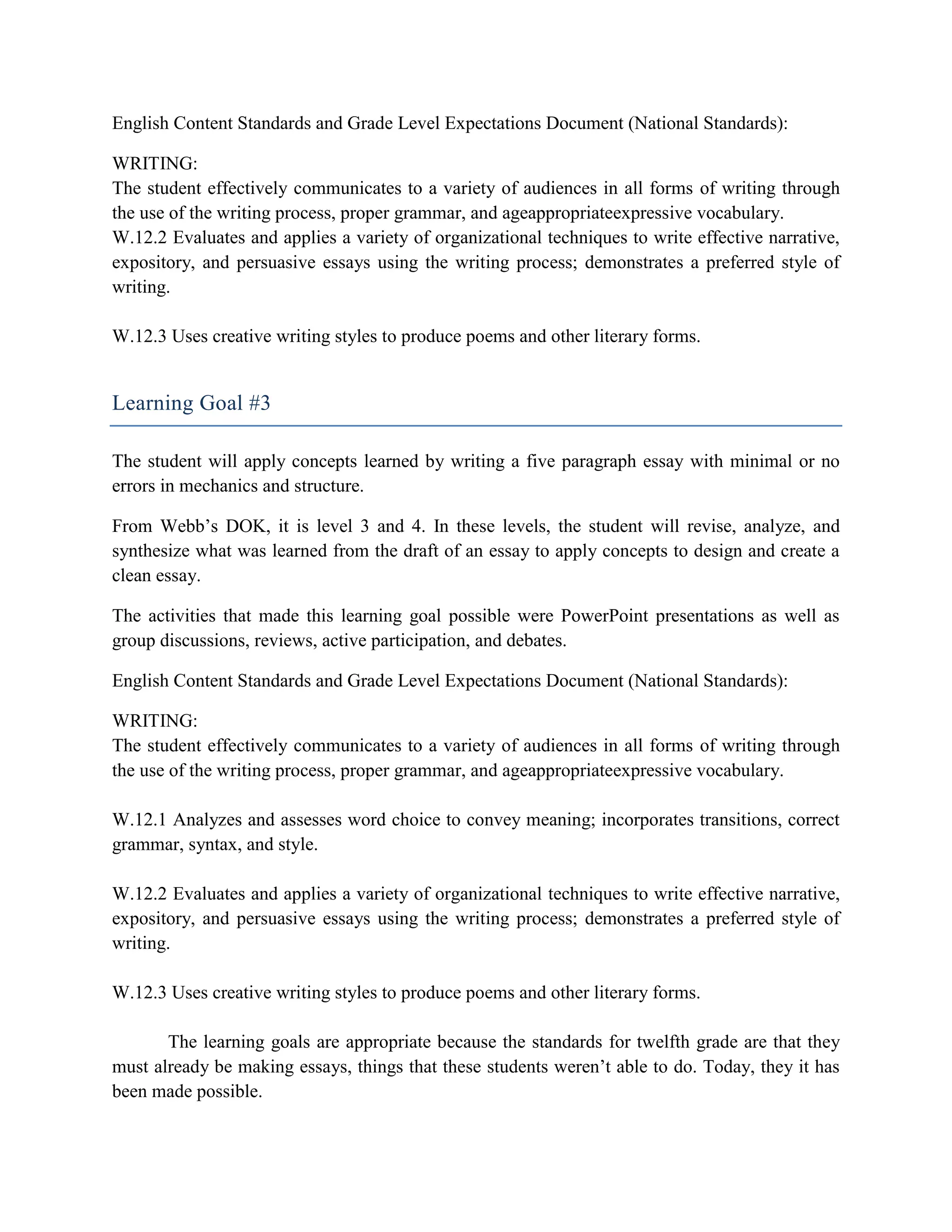 English Content Standards and Grade Level Expectations Document (National Standards):

WRITING:
The student effectively communicates to a variety of audiences in all forms of writing through
the use of the writing process, proper grammar, and ageappropriateexpressive vocabulary.
W.12.2 Evaluates and applies a variety of organizational techniques to write effective narrative,
expository, and persuasive essays using the writing process; demonstrates a preferred style of
writing.

W.12.3 Uses creative writing styles to produce poems and other literary forms.


Learning Goal #3

The student will apply concepts learned by writing a five paragraph essay with minimal or no
errors in mechanics and structure.

From Webb’s DOK, it is level 3 and 4. In these levels, the student will revise, analyze, and
synthesize what was learned from the draft of an essay to apply concepts to design and create a
clean essay.

The activities that made this learning goal possible were PowerPoint presentations as well as
group discussions, reviews, active participation, and debates.

English Content Standards and Grade Level Expectations Document (National Standards):

WRITING:
The student effectively communicates to a variety of audiences in all forms of writing through
the use of the writing process, proper grammar, and ageappropriateexpressive vocabulary.

W.12.1 Analyzes and assesses word choice to convey meaning; incorporates transitions, correct
grammar, syntax, and style.

W.12.2 Evaluates and applies a variety of organizational techniques to write effective narrative,
expository, and persuasive essays using the writing process; demonstrates a preferred style of
writing.

W.12.3 Uses creative writing styles to produce poems and other literary forms.

       The learning goals are appropriate because the standards for twelfth grade are that they
must already be making essays, things that these students weren’t able to do. Today, they it has
been made possible.
 