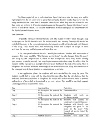The blank paper led me to understand that these kids knew what the essay was and its
rightful parts but did not know how to apply them correctly. In other words, they knew what the
essay was but did not know how to write one correctly and when they were asked to write one,
they could not perform it. When the students gave me the paper like I gave it to them, I knew I
needed to start from scratch. The students needed first to really recognize and understand what
the rightful parts of the essay were.

Unit Overview

         I prepared a writing workshop thematic unit. The student would be taken through a step
by step process. In this thematic unit, the student would start learning from the title to the last
period of the essay. In the exploration activity, the students would get familiarized with the parts
of the essay. They would work with vocabulary words and examples of essays. In these
activities, the learning goal being assessed is the first one.

        In the conceptualization of the unit, I would give students a handout with an example of
an essay. This essay would be “The Hazards Movie Going” by John Langan. Why this essay?
This essay by John Langan is one of, if not, the best example of a basic essay. In this learning
goal (number two to be precise), I am targeting the students to draft an essay. To achieve this, the
students will be exposed to an example of a basic essay that has all the parts of the same. Also, in
this phase, the students will learn more deeply what is the introduction, body, and conclusion of
the essay and how do these function as a structure and as a whole.

       In the application phase, the students will work on drafting the essay by parts. The
students would start to work with the title, then the main idea, then the introduction, then the
body and finally the conclusion. In this phase, the student will analyze what he wrote to produce
a clean form of their draft with minimal or no errors given. This would be the final product.
Learning goal three is seen in this phase.

Day                               Learning Goal                   Activities
Day 1                             #1 Recognize the   parts of the Brainstorm ideas
                                  essay
Day 2                             #1 Recognize the  parts of the Students will work on
                                  essay                          vocabulary words
Day 3                             #1 Recognize the  parts of the Students will identify the
                                  essay                          vocabulary words in the essay
Day 4                             #1 Recognize the  parts of the Students will identify and
                                  essay                          recognize the parts of the
                                                                 essay in the essay “The
                                                                 Hazards of Movie Going” by
                                                                 John Langan
Day 5                             #2 Draft an essay              Students will draft the
 