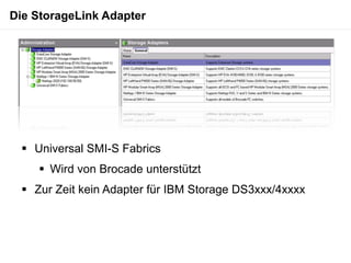 Die StorageLink Adapter




   Universal SMI-S Fabrics
      Wird von Brocade unterstützt
   Zur Zeit kein Adapter für IBM Storage DS3xxx/4xxxx
 