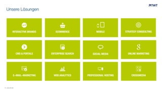 %
STRATEGY CONSEULTING	
  
Unsere Lösungen
© www.twt.de
&
INTERACTIVE BRANDS	
  
'
SOCIAL MEDIA
MOBILE	
  
(
CROSSMEDIA	
  
$
CMS & PORTALE	
  
)
ENTERPRISE SEARCH	
  
*
ECOMMERCE	
  
+
ONLINE MARKETING	
  
,
E-MAIL-MARKETING	
  
-
WEB ANALYTICS	
  
.
PROFESSIONAL HOSTING	
  
 