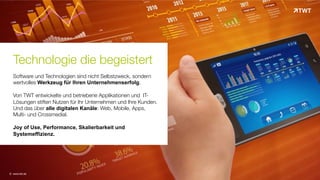 Technologie die begeistert
Software und Technologien sind nicht Selbstzweck, sondern
wertvolles Werkzeug für Ihren Unternehmenserfolg.
Von TWT entwickelte und betriebene Applikationen und IT-
Lösungen stiften Nutzen für Ihr Unternehmen und Ihre Kunden.
Und das über alle digitalen Kanäle: Web, Mobile, Apps,
Multi- und Crossmedial.
Joy of Use, Performance, Skalierbarkeit und
Systemeffizienz.
© www.twt.de
 