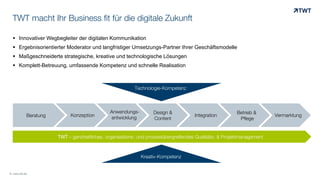  Innovativer Wegbegleiter der digitalen Kommunikation
 Ergebnisorientierter Moderator und langfristiger Umsetzungs-Partner Ihrer Geschäftsmodelle
 Maßgeschneiderte strategische, kreative und technologische Lösungen
 Komplett-Betreuung, umfassende Kompetenz und schnelle Realisation
Beratung
Design &
Content
TWT – ganzheitliches, organisations- und prozessübergreifendes Qualitäts- & Projektmanagement
Technologie-Kompetenz
Kreativ-Kompetenz
Konzeption
Anwendungs-
entwicklung Integration
Betrieb &
Pflege
Vermarktung
TWT macht Ihr Business fit für die digitale Zukunft
© www.twt.de
 