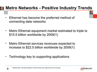 Metro Networks - Positive Industry Trends Ethernet has become the preferred method of connecting data networks Metro Ethernet equipment market estimated to triple to $15.5 billion worldwide by 2009(1) Metro Ethernet services revenues expected to increase to $22.5 billion worldwide by 2009(1) Technology key to supporting applications (1)  Market Data, Infonetics Research “Ethernet Services, Market Size and Forecast” 